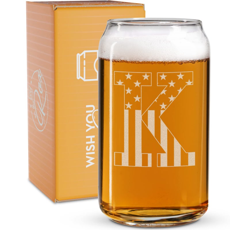On The Rox Monogram Beer Glasses for Men (A-Z) 16 oz - Beer Gifts for Men Brother Son Dad Neighbor - Unique Gifts for Him - Personalized Drinking Gift Beer Glass Mugs - Engraved Beer Can Glass (K) - Image 1